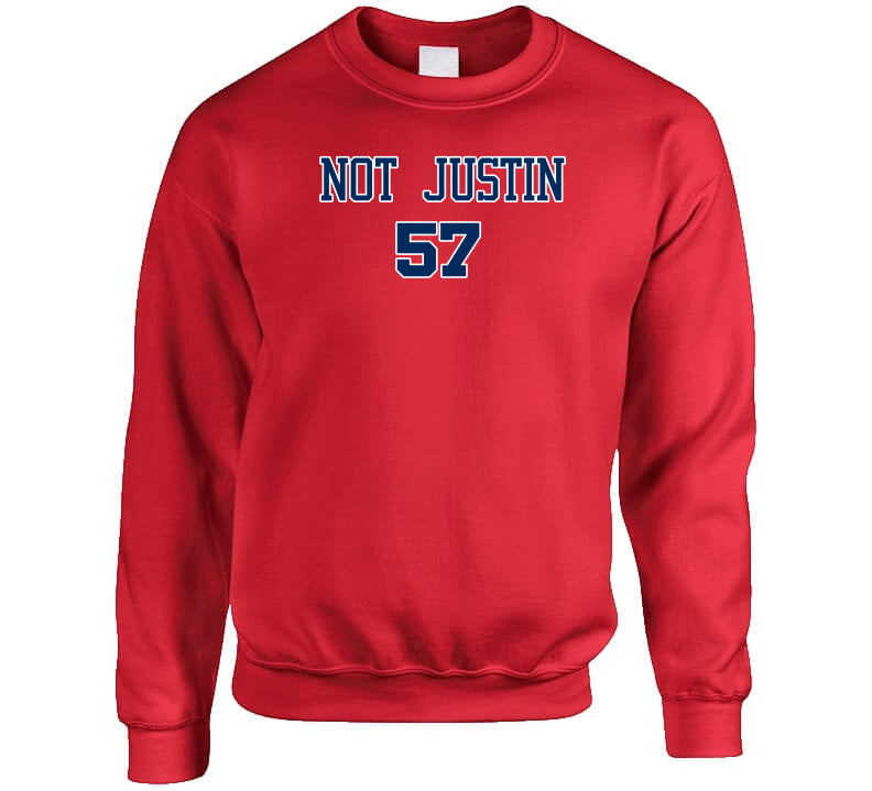 theLandTshirts Shane Bieber Not Justin Cleveland Baseball Fan T Shirt Crewneck Sweatshirt / Red / Small